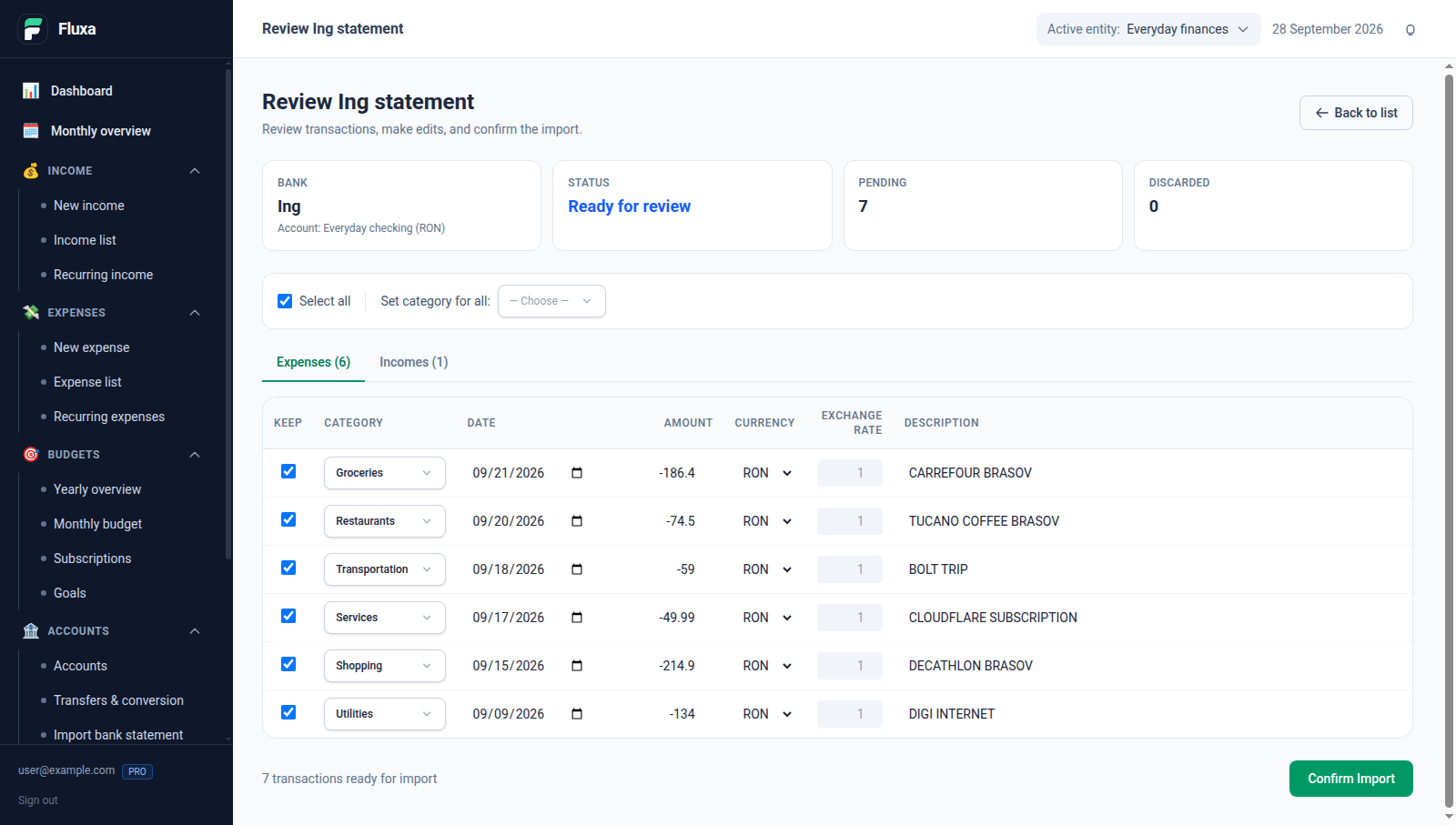 Fluxa ING statement review with seven categorized sample transactions ready for confirmation